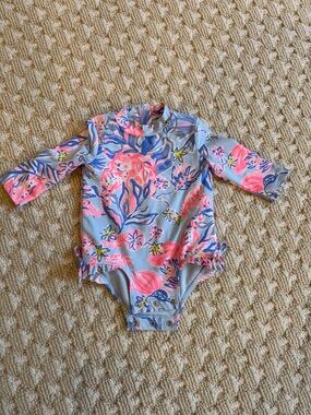 Lilly Pulitzer Girls' Long-Sleeve Floral One-Piece Swimsuit in Blue & Pink